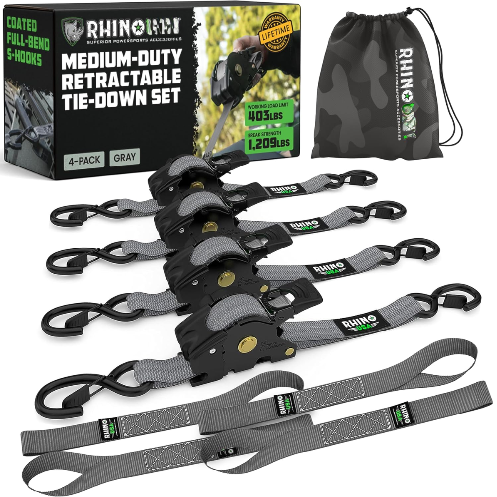 Pack de 4 Cinchas de Carraca Retráctiles Rhino – 1" x 3m, Correas de Sujeción Automáticas de Alta Resistencia