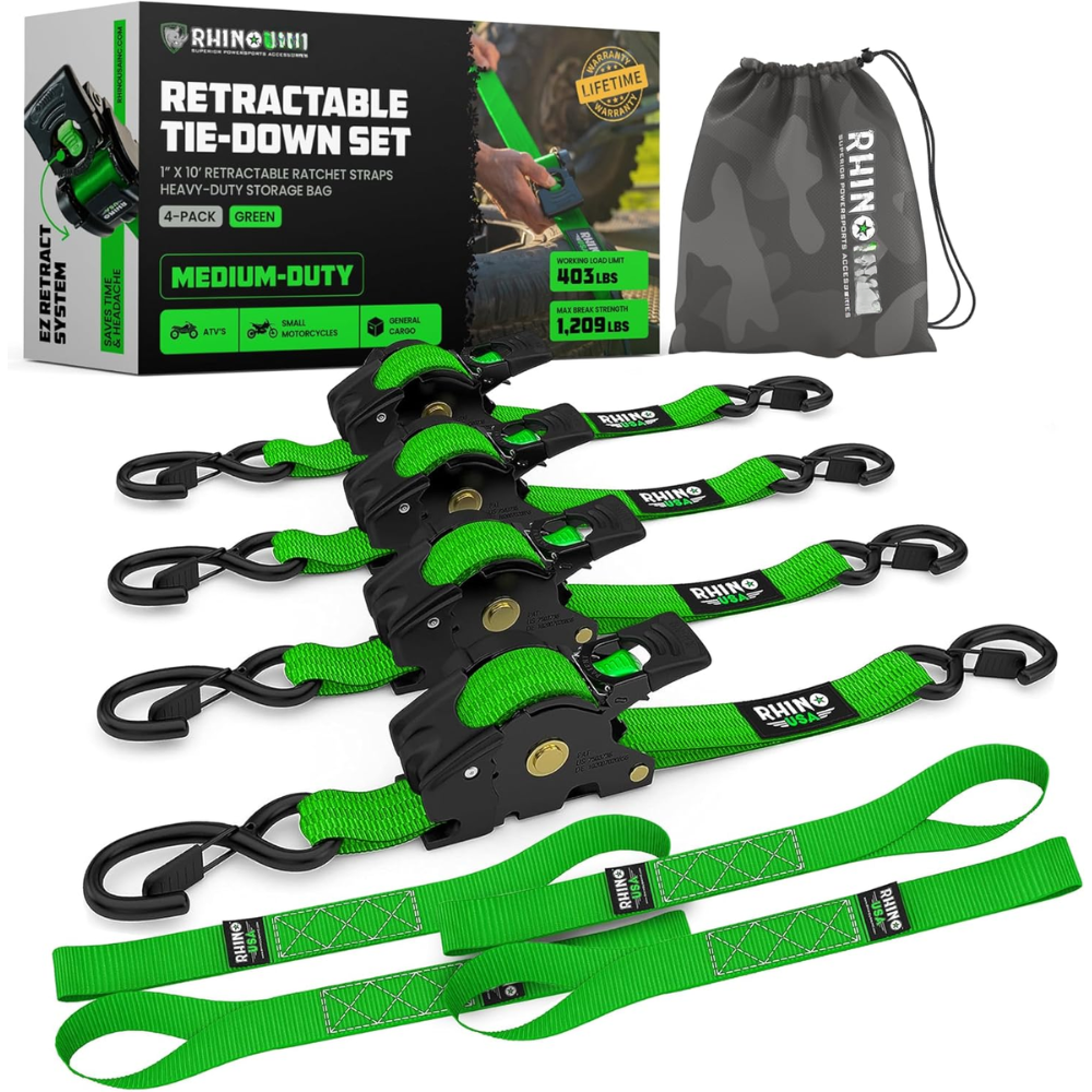Pack de 4 Cinchas de Carraca Retráctiles Rhino – 1" x 3m, Correas de Sujeción Automáticas de Alta Resistencia