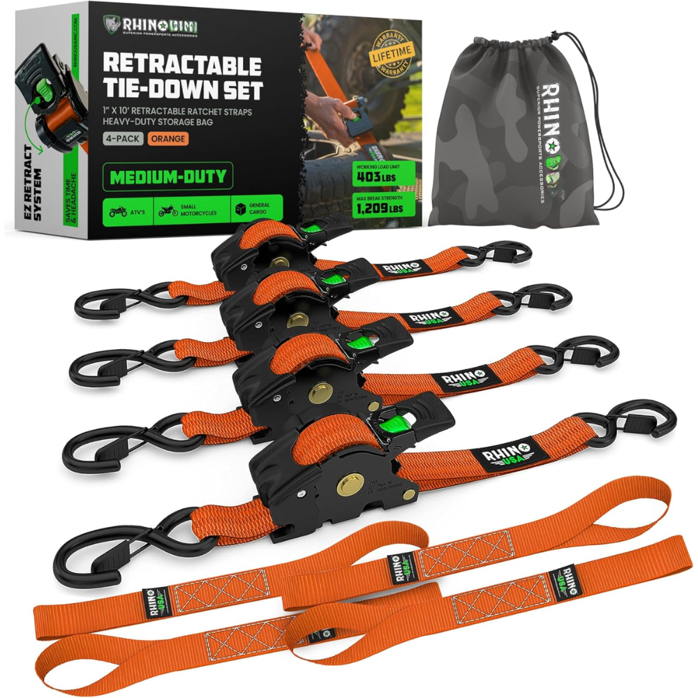 Pack de 4 Cinchas de Carraca Retráctiles Rhino – 1" x 3m, Correas de Sujeción Automáticas de Alta Resistencia