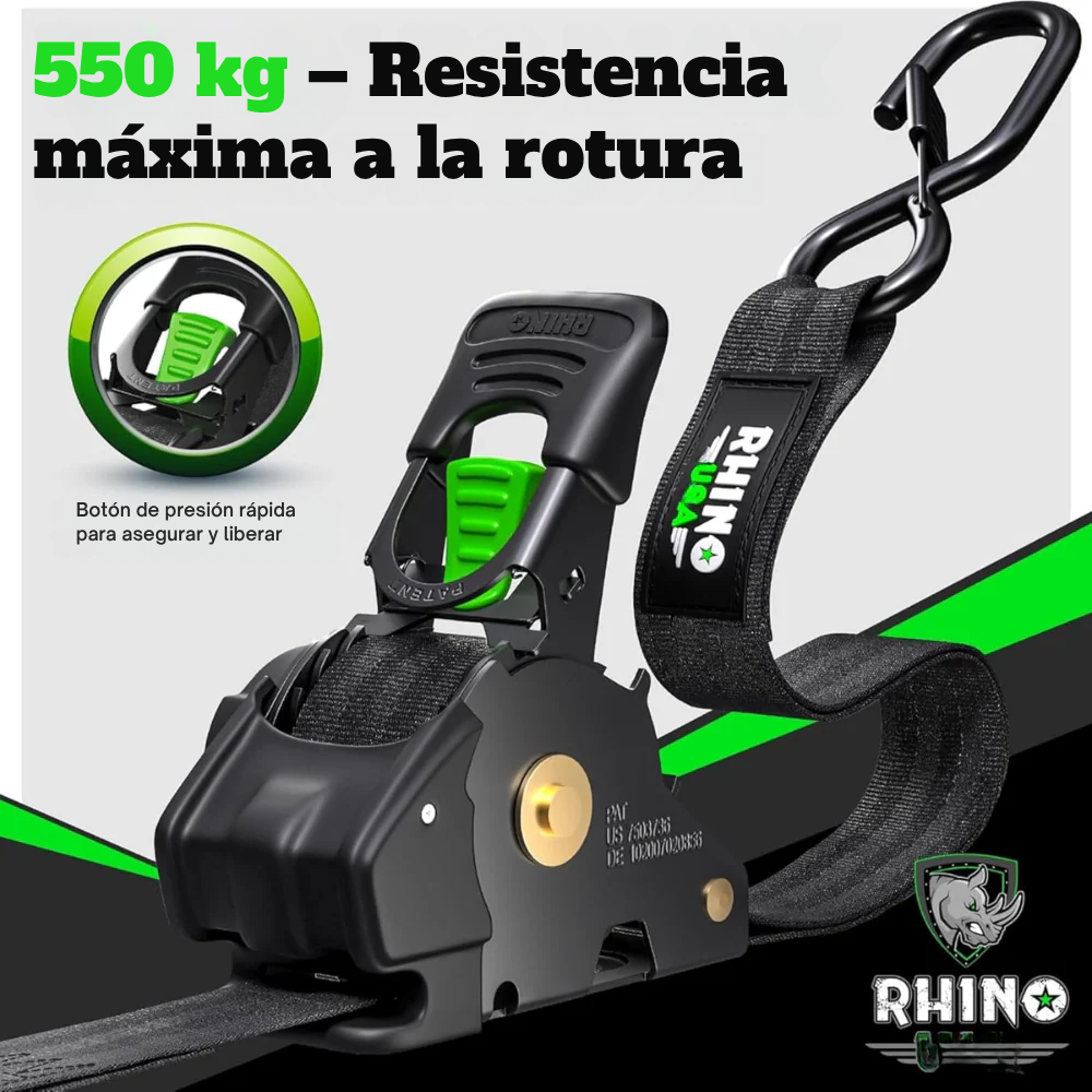 Pack de 4 Cinchas de Carraca Retráctiles Rhino – 1" x 3m, Correas de Sujeción Automáticas de Alta Resistencia