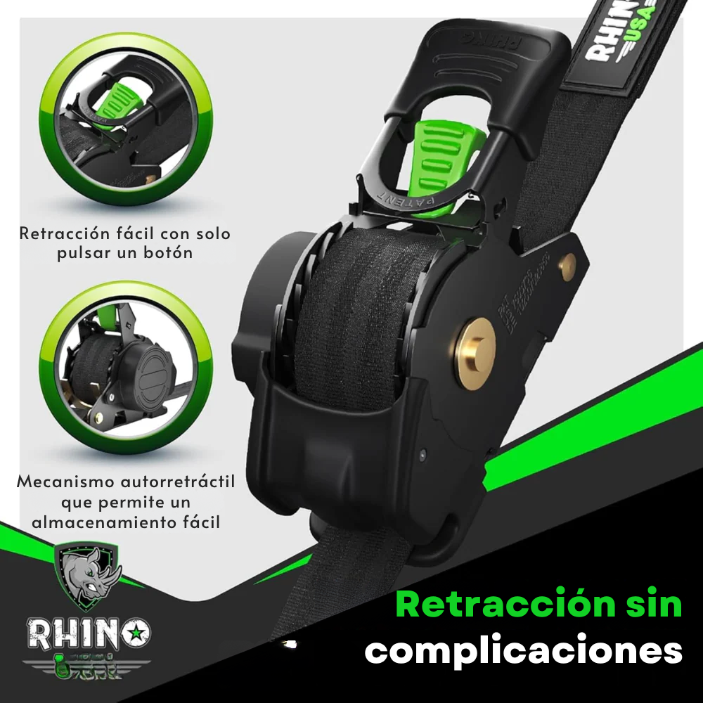 Pack de 4 Cinchas de Carraca Retráctiles Rhino – 1" x 3m, Correas de Sujeción Automáticas de Alta Resistencia